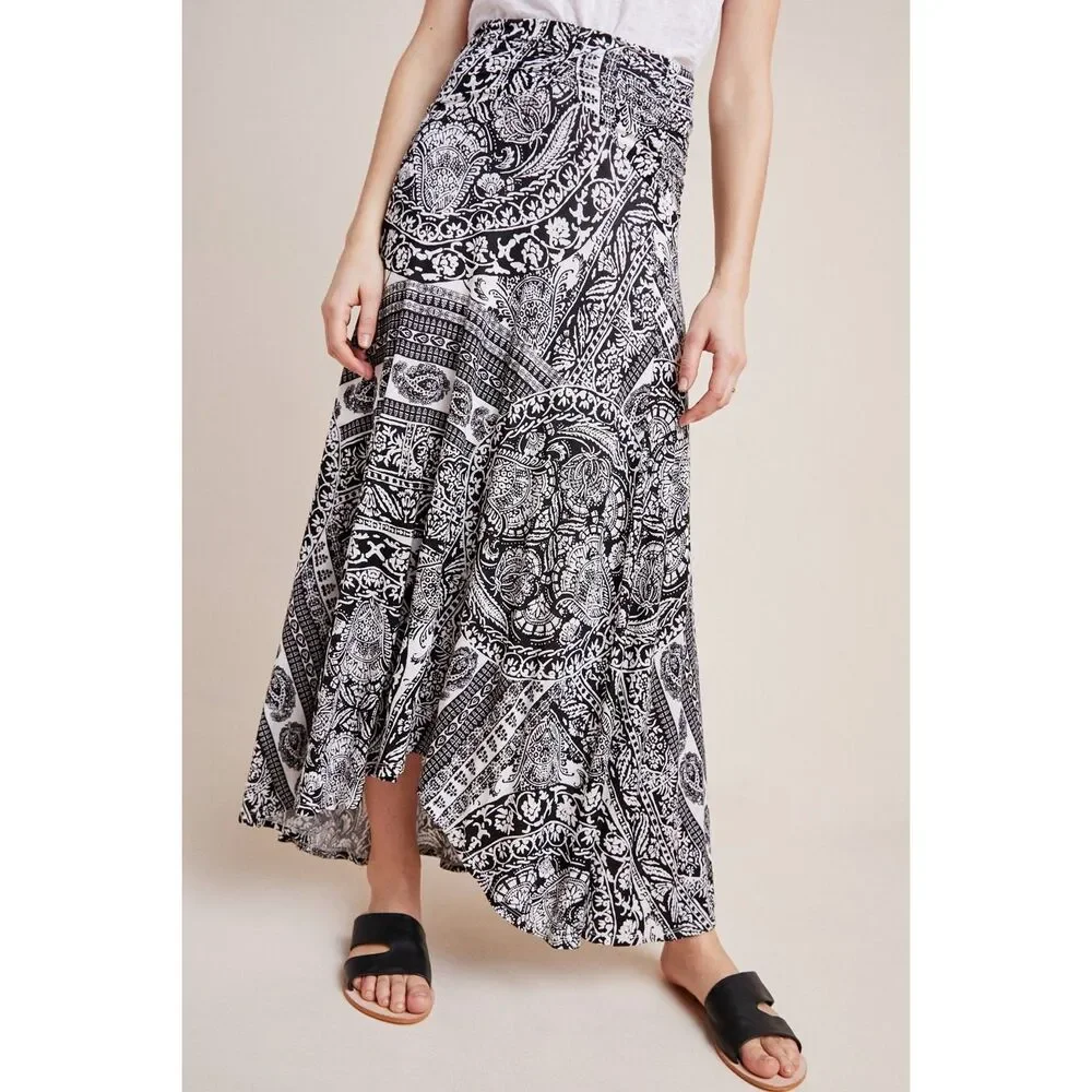 Anthropologie Maeve Issa Maxi Skirt in Black and White Print Size L